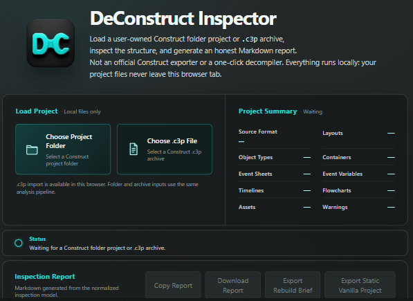 The DeConstruct interface: project upload panel, project summary, and inspection report