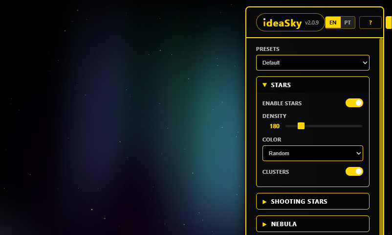ideaSky running: a starry sky with nebula and aurora, config panel open